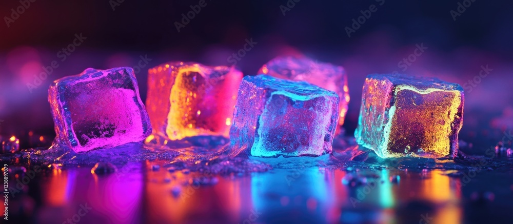 Poster glowing ice cubes in multicolored neon lighting with wet surface and defocused background