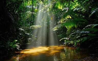 Obraz premium A dense tropical forest with swarms of mosquitoes hovering above a shallow pond, illuminated by golden sunlight filtering through the trees. The serene natural beauty contrasts with the lurking 