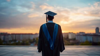 A rear view of a graduate in a cap and gown, standing on a rooftop at sunset, overlooking a cityscape. A symbolic moment of achievement and future aspirations.