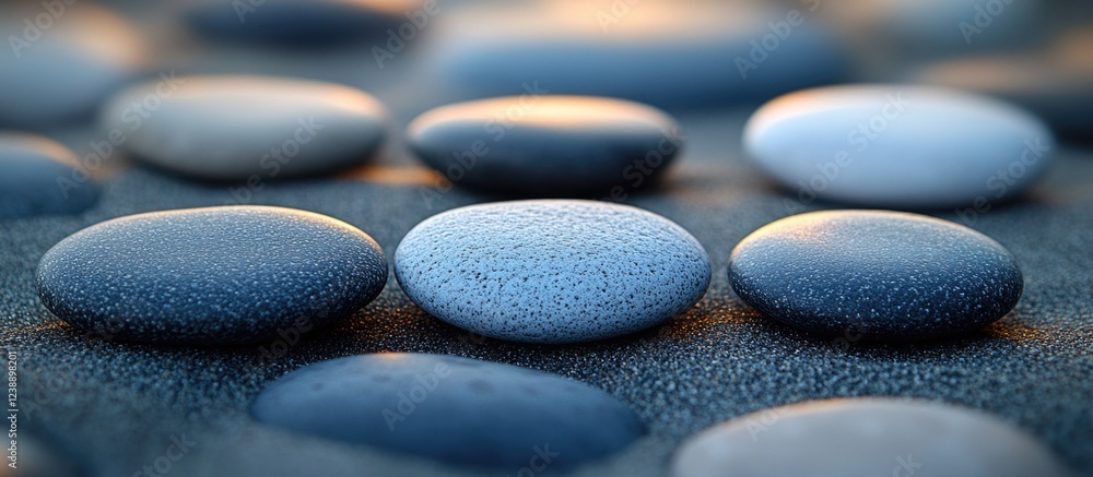 Poster smooth round stones laid on sand surface with shallow depth of field and soft lighting.