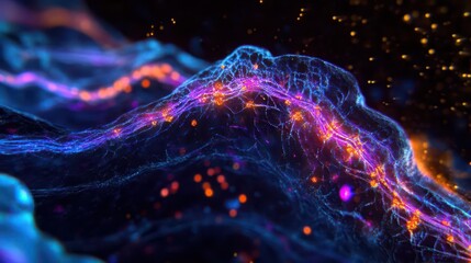 intricate microscopic visualization of synaptic connections in iridescent blues and purples, with glowing neural pathways and electrical impulses flowing through a translucent brain structure