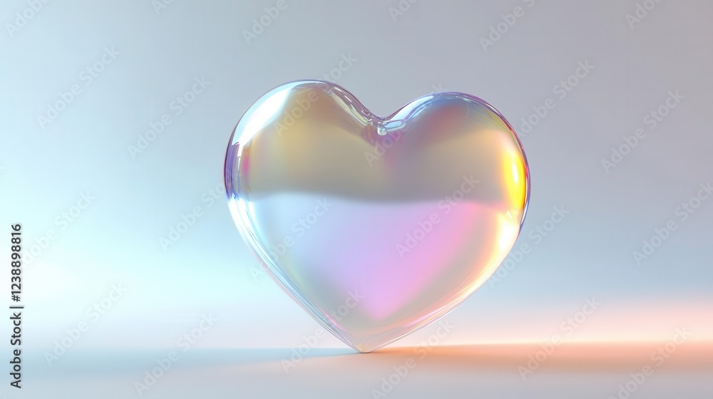 Poster iridescent holographic heart floating in white void, prismatic light refraction, 3d render, minimali