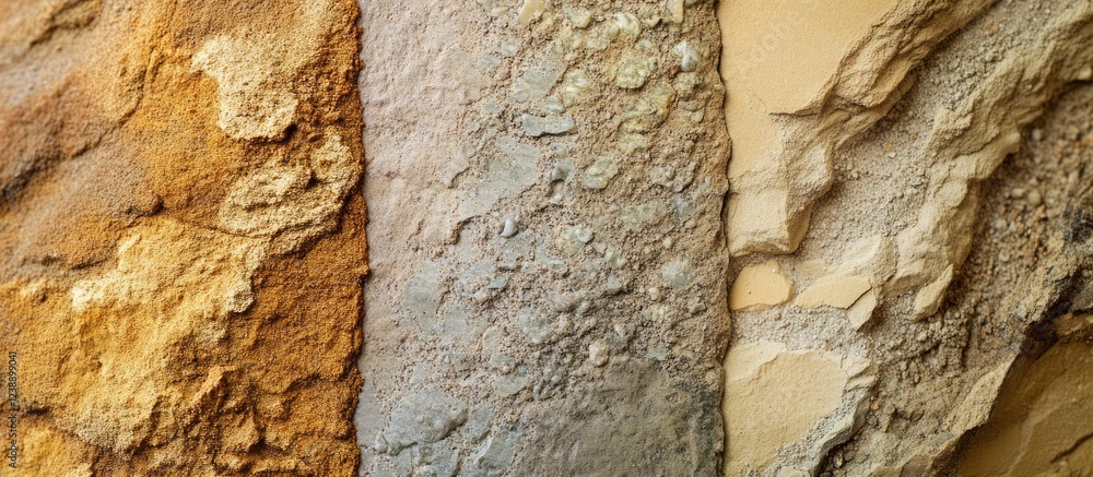 Poster textured stone wall in earthy tones with distinct color layers in close-up view