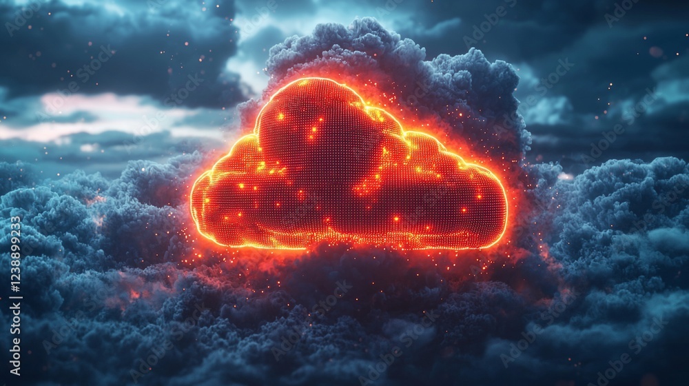 Poster fiery cloud computing symbol in stormy sky; data security concept