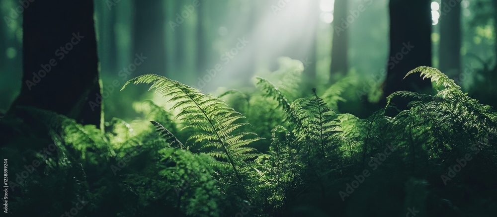 Aufkleber sunlight filtering through trees and ferns in forest