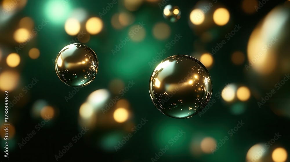 Poster luxurious abstract background with shimmering golden orbs floating in deep emerald green space, drea
