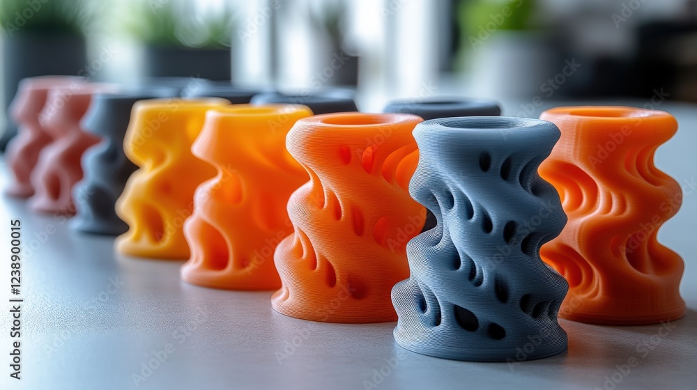 Poster colorful silicone sculptural objects arranged in a row on a table with a blurred background