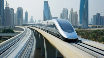 Naklejka premium Modern High Speed Train Traveling Through Cityscape