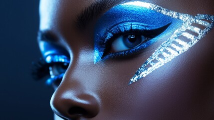 Fototapeta premium Close-up of a model's eye showcasing bold metallic blue makeup with intricate designs for a dramatic and artistic look.