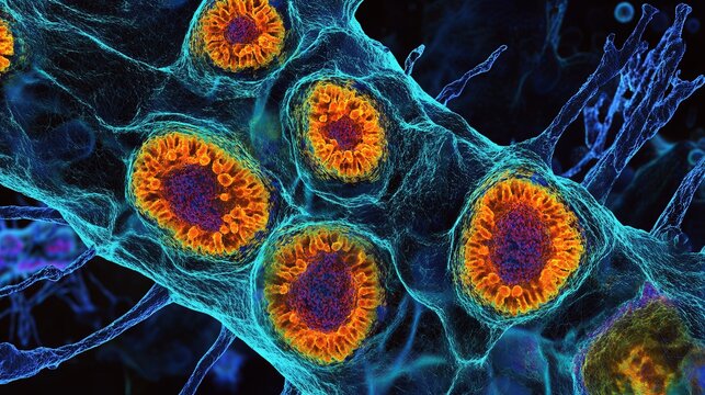 Digital visualization of viral replication in respiratory cells under a microscope. pic