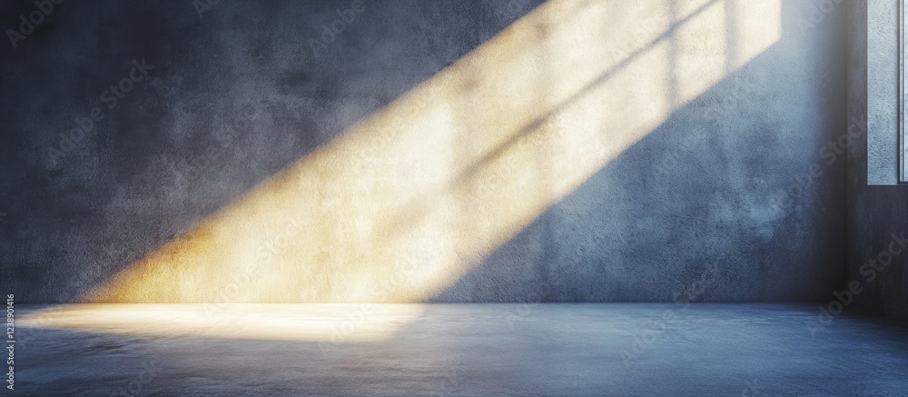 Poster sunlight streaming through a window casting shadows on a textured empty room wall and floor, minimal