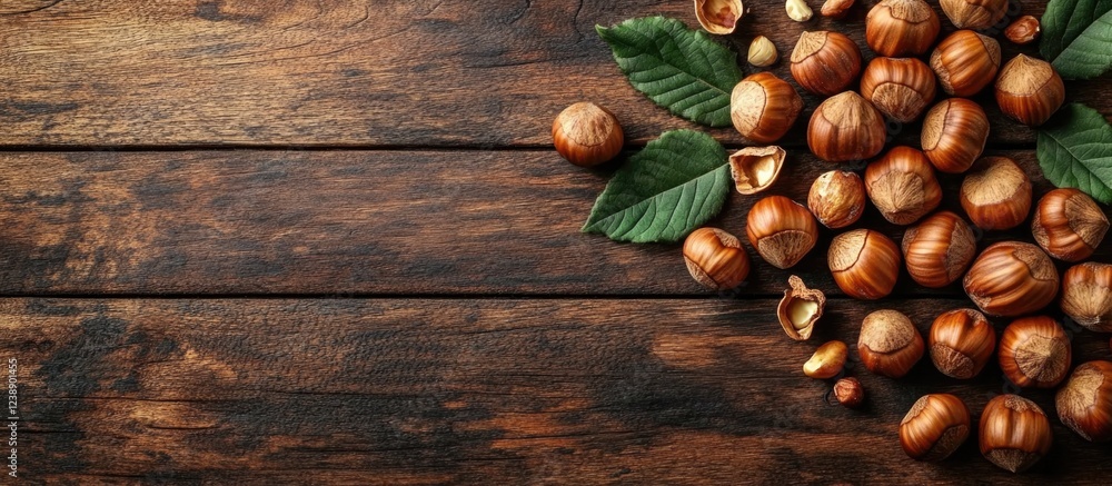 Poster hazelnuts with green leaves on rustic wooden table top view with copy space
