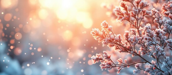Naklejka premium Frost-covered branches with warm sunlight in winter scene with bokeh effect