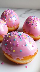 Obraz premium Easter egg-shaped donuts with pastel glaze and sprinkles. pic