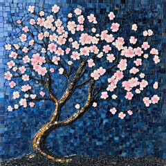 Mosaic artwork of cherry blossom tree with soft pink flowers against dark blue background, evoking serene and tranquil atmosphere