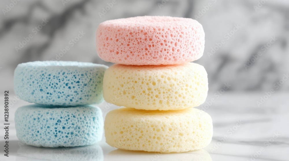 Poster stack of colorful round sponges on marble surface with blurred background