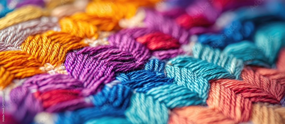Poster close-up of colorful woven textile pattern with intricate threads and vibrant hues