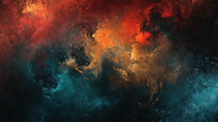 Obraz premium Abstract fiery and smoky texture with orange, red, and teal colors.