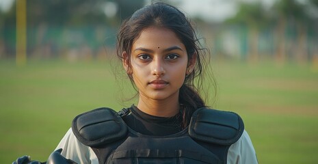 Young female baseball player wearing gear with a focused expression outdoors