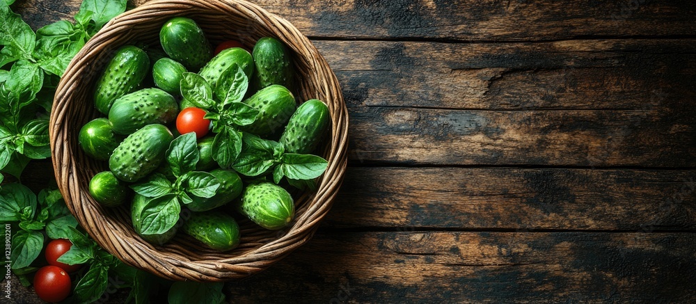 Poster basket of fresh cucumbers and cherry tomatoes on rustic wooden table with copy space
