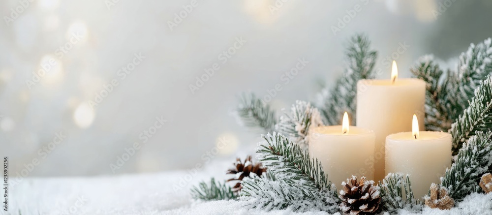 Aufkleber burning candles with pine branches and cones on snow with light bokeh and copy space