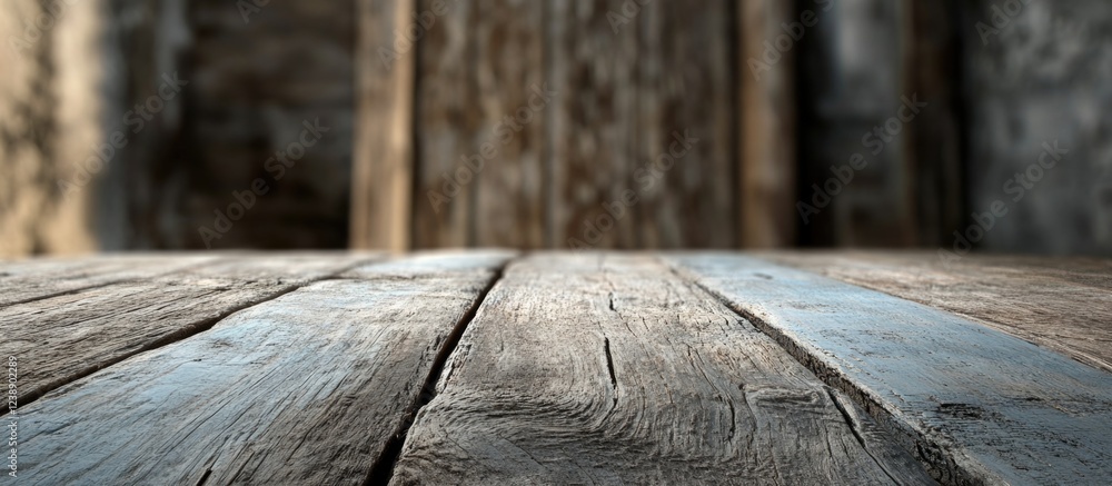 Poster rustic wooden table surface with blurred background and copy space