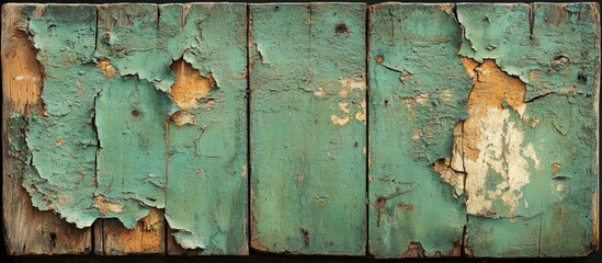 Weathered turquoise wooden boards with peeling paint and visible wood grain texture.