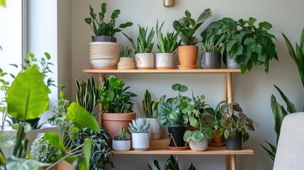 Indoor garden with various potted plants on wooden shelves