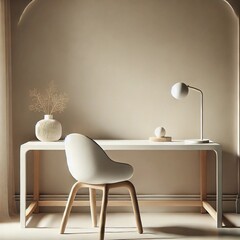 A minimalist and aesthetic composition featuring a clean, modern workspace with a sleek white desk, a single elegant chair, and a soft warm light