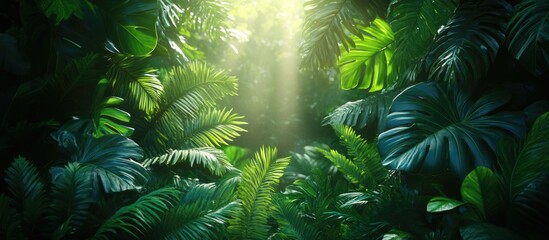 Lush Green Tropical Jungle with Sunlight Filtering Through Foliage