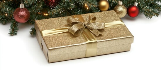 Gold gift box with ribbon and Christmas ornaments on white background