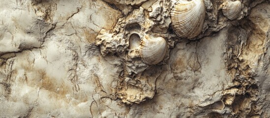Fossilized shells and textures embedded in rock surface detailed view