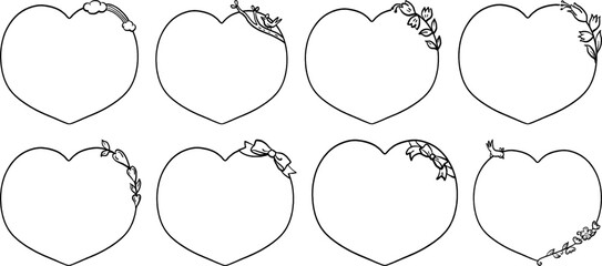 Set of Decorative Heart-Shaped Frames with Floral and Ribbon Elements, Perfect for Wedding Invitations, Greeting Cards, or Romantic Design Projects