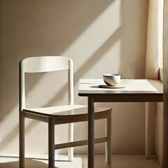 A minimalist and aesthetic scene featuring a tranquil space with a simple white chair and a small wooden table. A single ceramic cup sits on the table