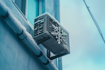 Air conditioner covered by snow with a snowflake decoration, illustrating winter and cold temperatures