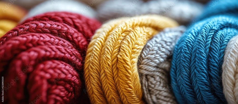 Poster close-up of colorful balls of yarn arranged in a row showing texture and detail.