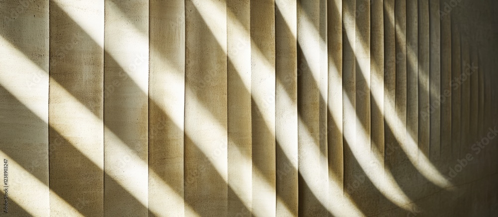 Poster sunlight creating patterns on wooden panel wall with diagonal shadows in interior space