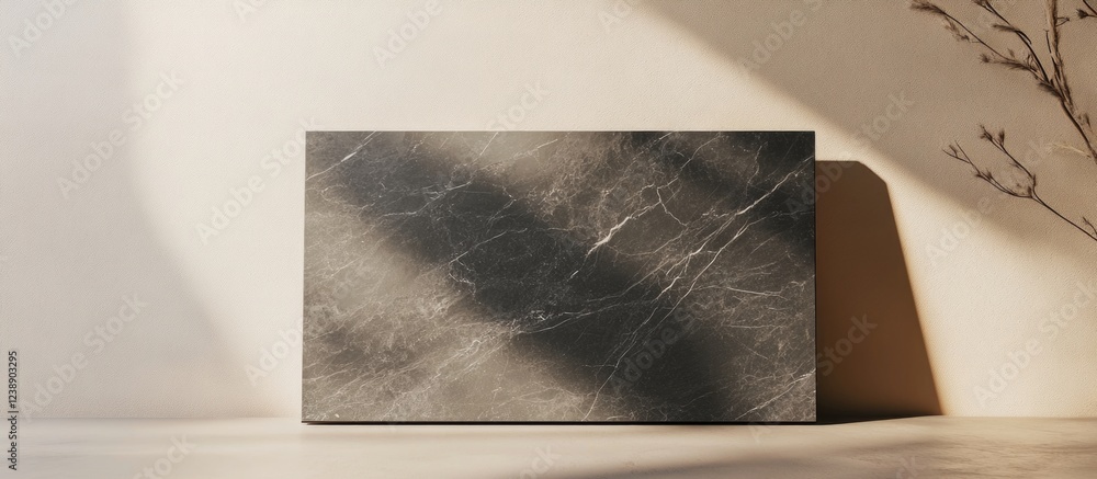 Poster rectangular marble slab with natural patterns against a wall casting shadows