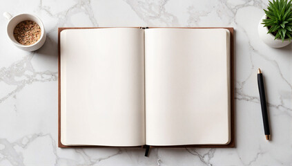Blank notebook mockup on modern desk, simplicity and focus