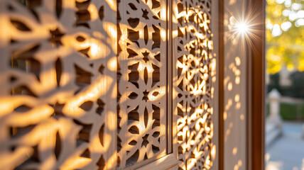 Obraz premium Intricate wooden panel casting beautiful shadows in warm sunlight, creating serene atmosphere