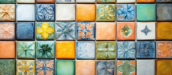 Colorful ceramic tiles with intricate patterns arranged in a grid