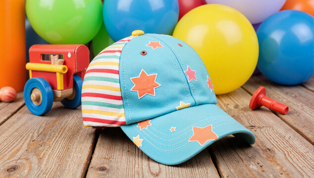 Vibrant children's cap mockup with fun patterns on wooden table, playful branding