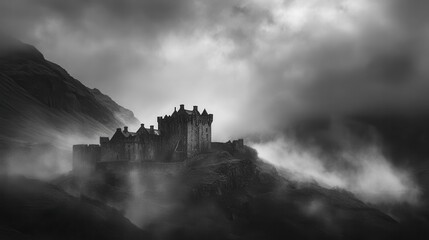 Fototapeta premium medieval castle perched on misty mountain peak, dramatic storm clouds, gothic architecture, moody atmosphere, ethereal lighting breaking through clouds