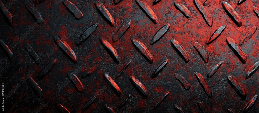 Poster red and black rusty metal diamond plate with diagonal pattern and light reflection