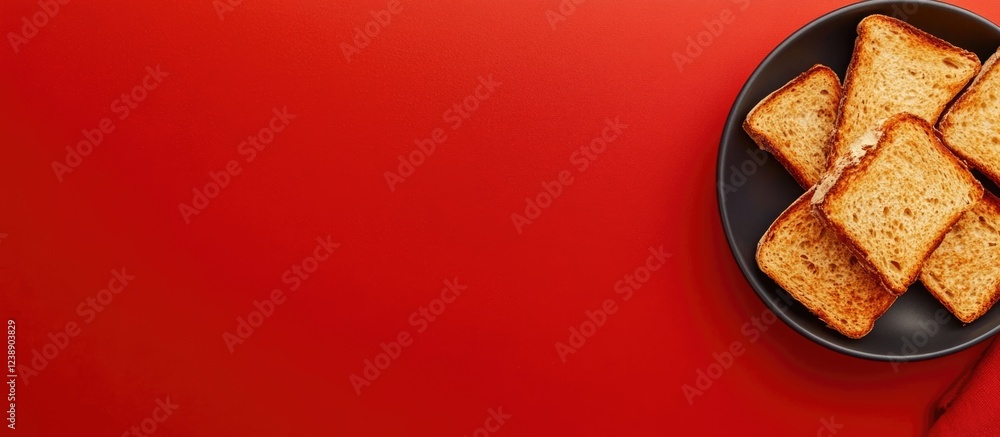 Poster Plate of crispy toasted bread slices on red background with copy space.
