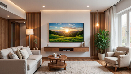 Sleek TV mockup displaying vibrant nature scene in modern living room, home entertainment