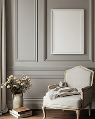 Elegant armchair, flowers, and blank frame in a classic room interior.
