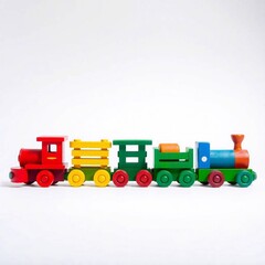 Naklejka premium a colorful wooden toy train with detachable primary-colored cars, set against a pure white background.
