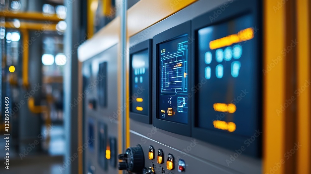 Poster modern control panel displaying various parameters and diagrams, suggesting innovative production pr