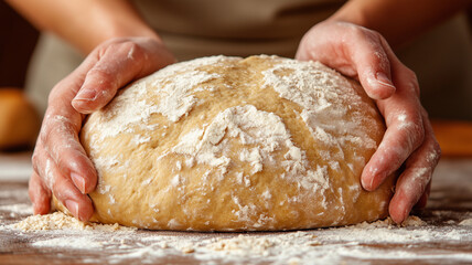 Fototapeta premium Kneading dough with hands, flour on surface, baking preparation, homemade bread